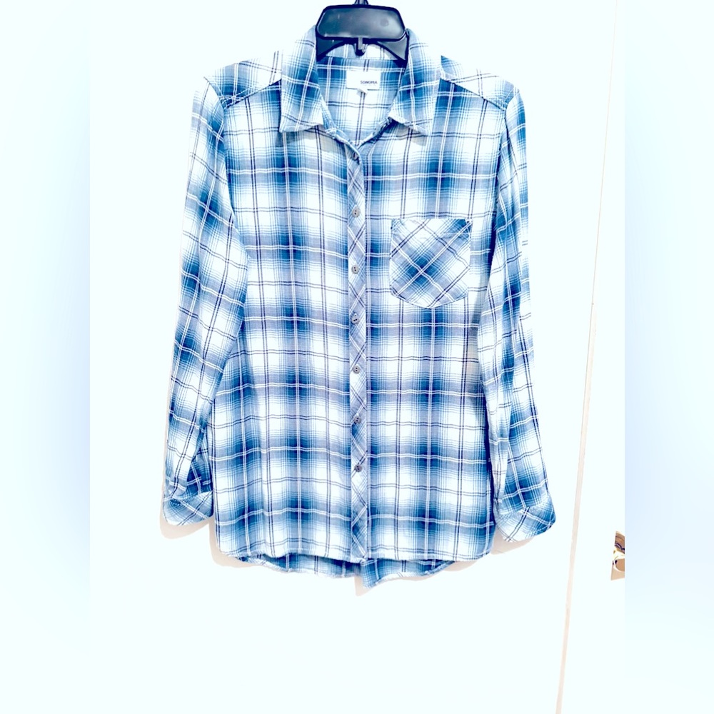 Sonoma Shirt/comfy flannel/ Women/Men. Retroish Blue/White Plaid.Metal Buttons